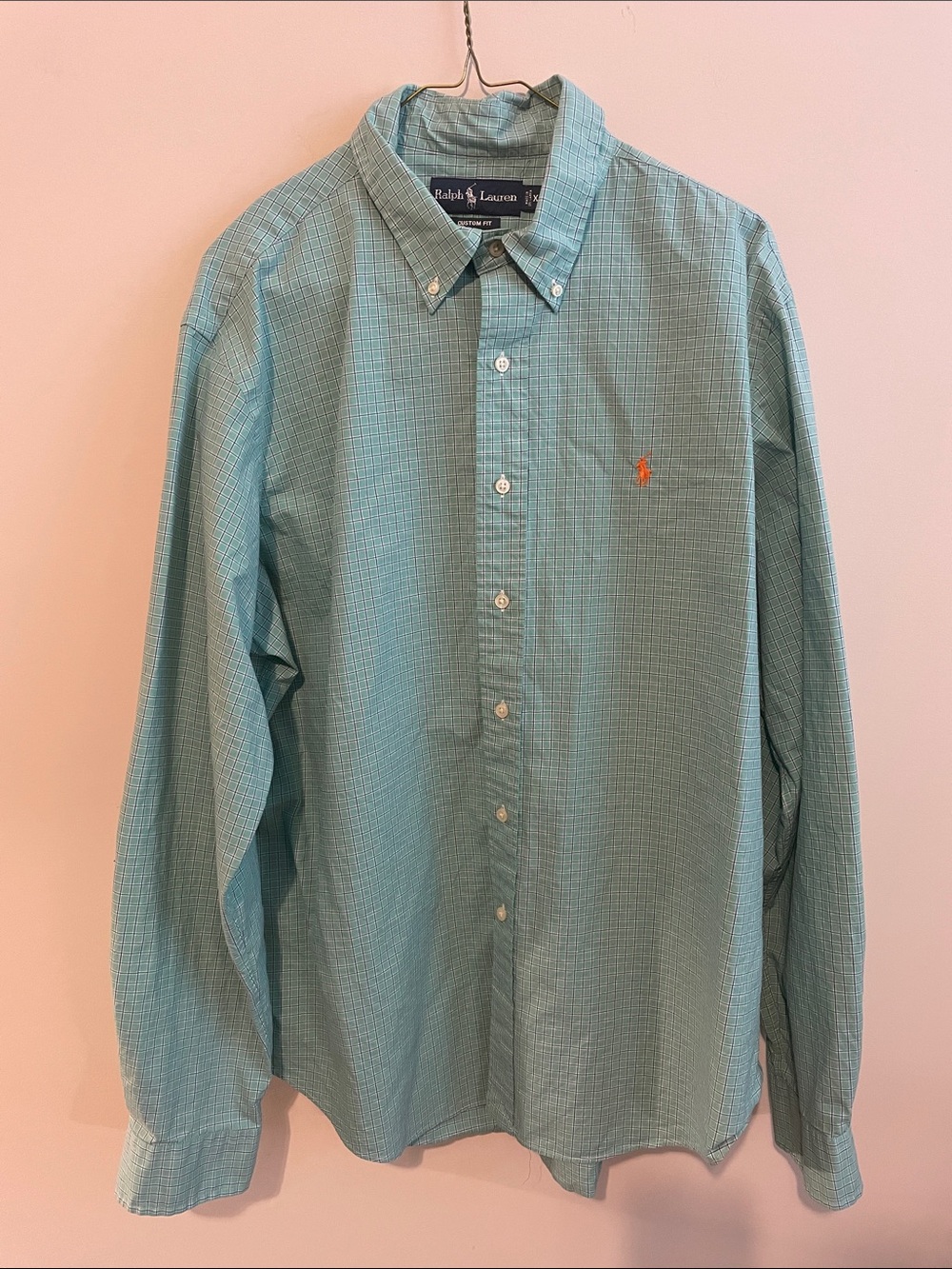 Ralph Lauren Light Seafoam Green Button-Down Shirt with Orange Pony